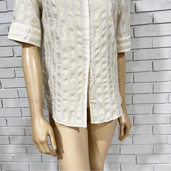 New York & Company Women’s White Gold Striped Short Sleeve Button Down - Picture 3 of 9